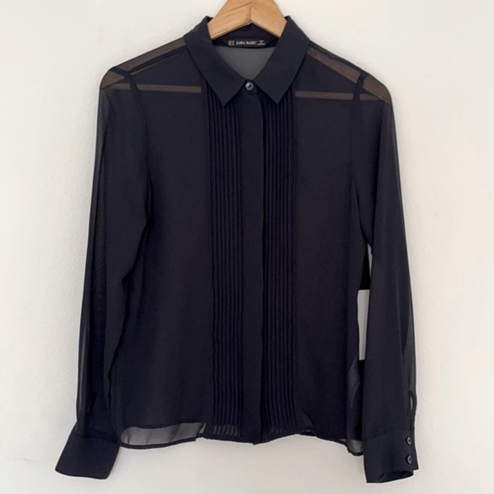 NWT! Zara Pleated Front Sheer Blouse Black